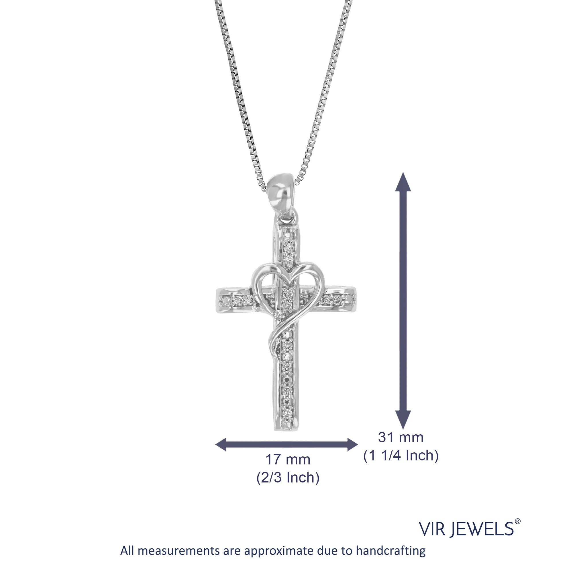 1/10 cttw Lab Grown Diamond Cross And Heart Pendant Necklace .925 Sterling Silver 2/3 Inch With 18 Inch Chain