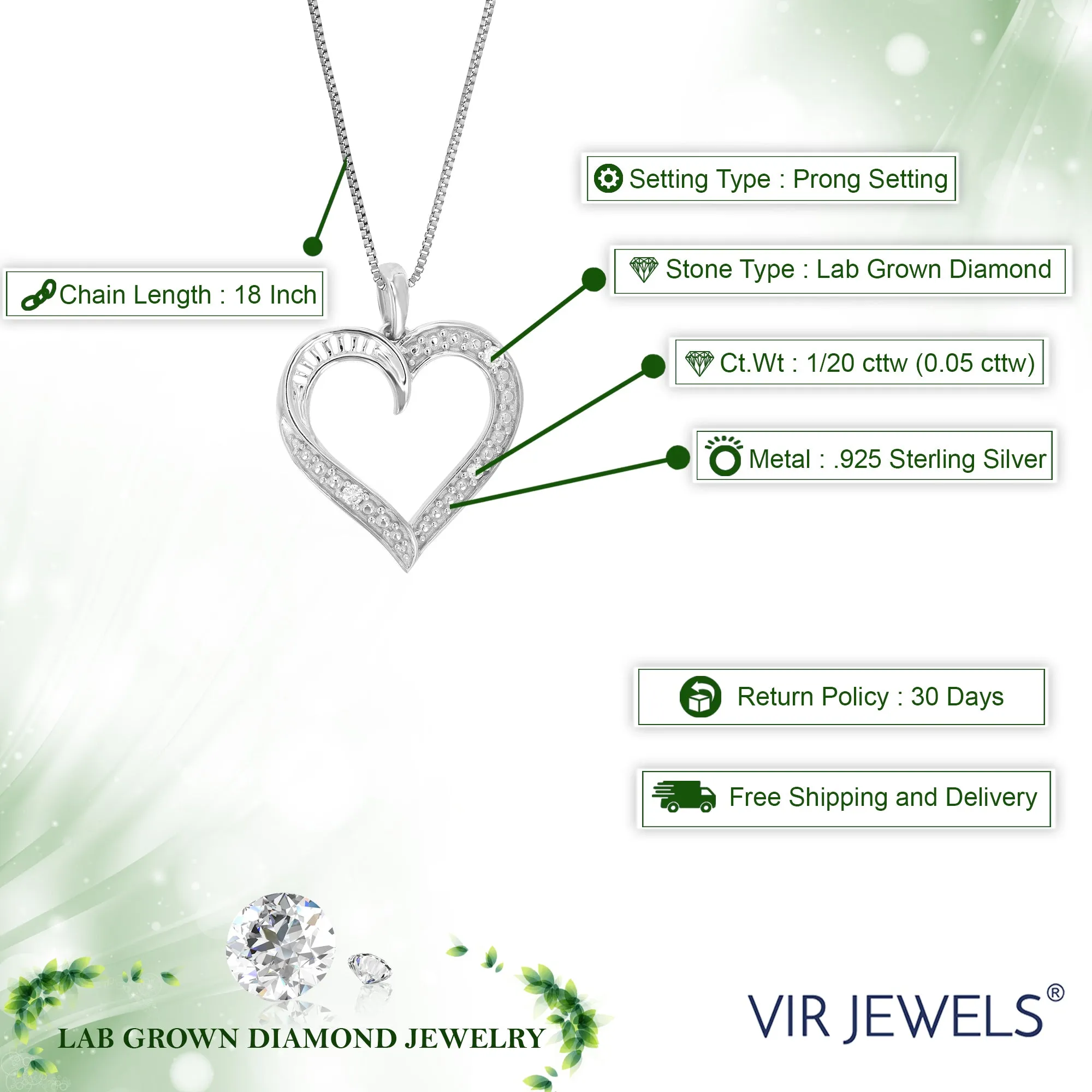 1/20 cttw Round Cut 3 Stones Lab Grown Diamond Heart Pendant Necklace .925 Sterling Silver 1 Inch With 18 Inch Chain