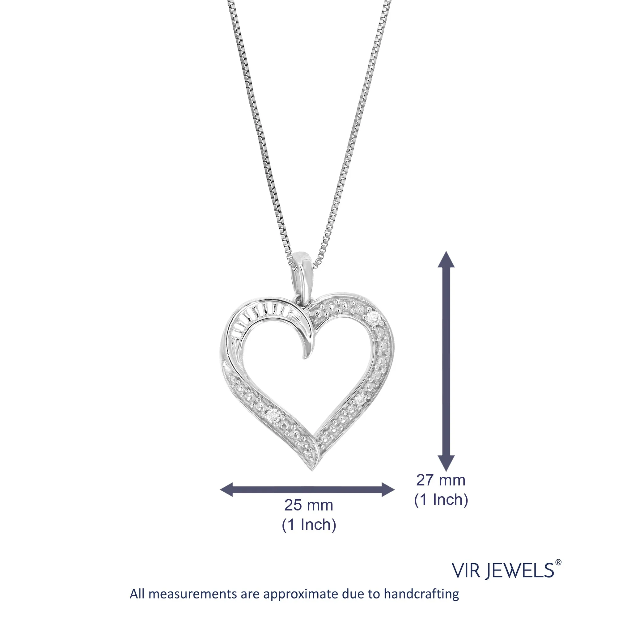 1/20 cttw Round Cut 3 Stones Lab Grown Diamond Heart Pendant Necklace .925 Sterling Silver 1 Inch With 18 Inch Chain