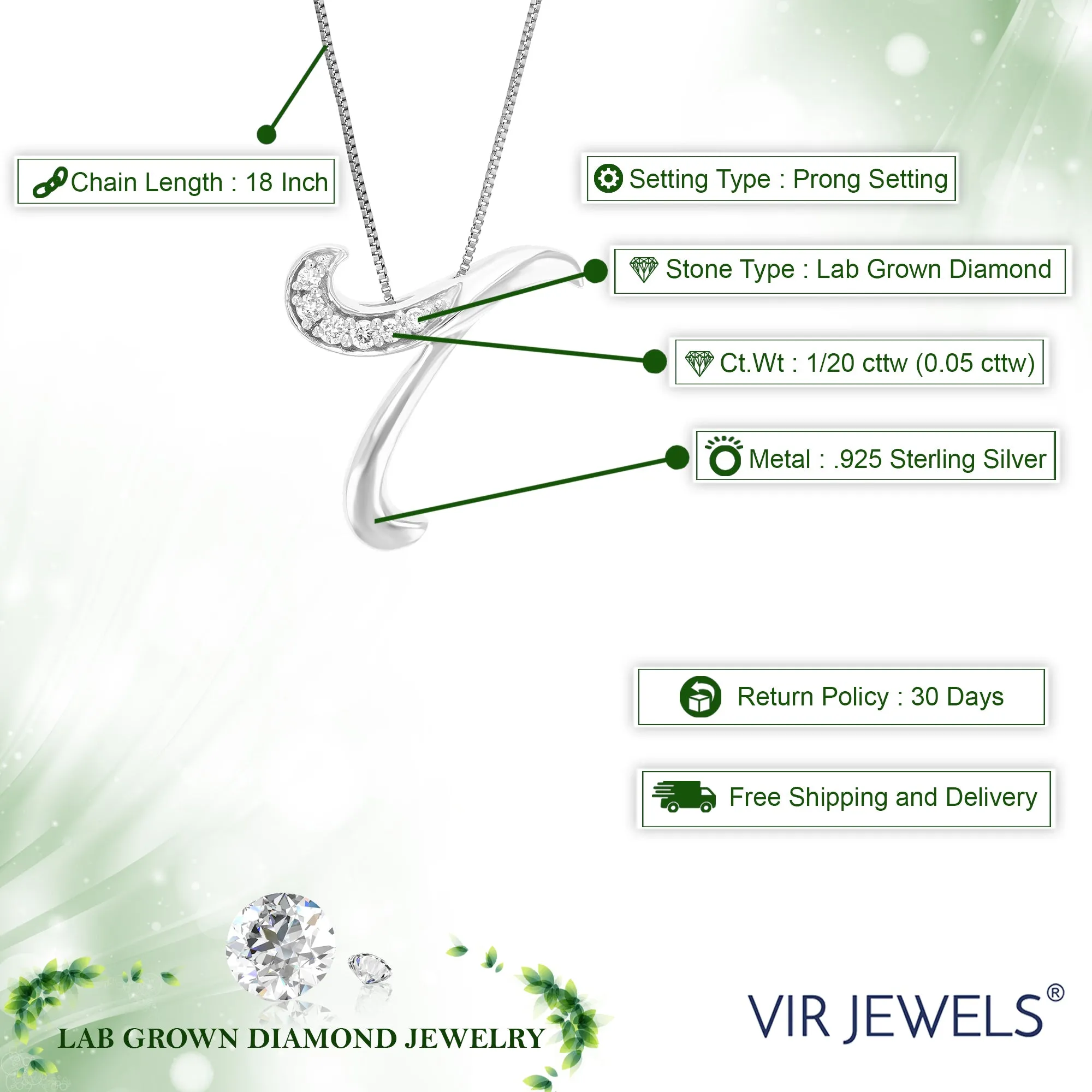 1/20 cttw Round Cut 6 Stones Lab Grown Diamond Pendant Necklace .925 Sterling Silver 1/2 Inch With 18 Inch Chain