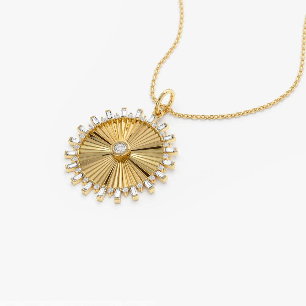 14k Baguette and Round Diamond Disc Ray Necklace