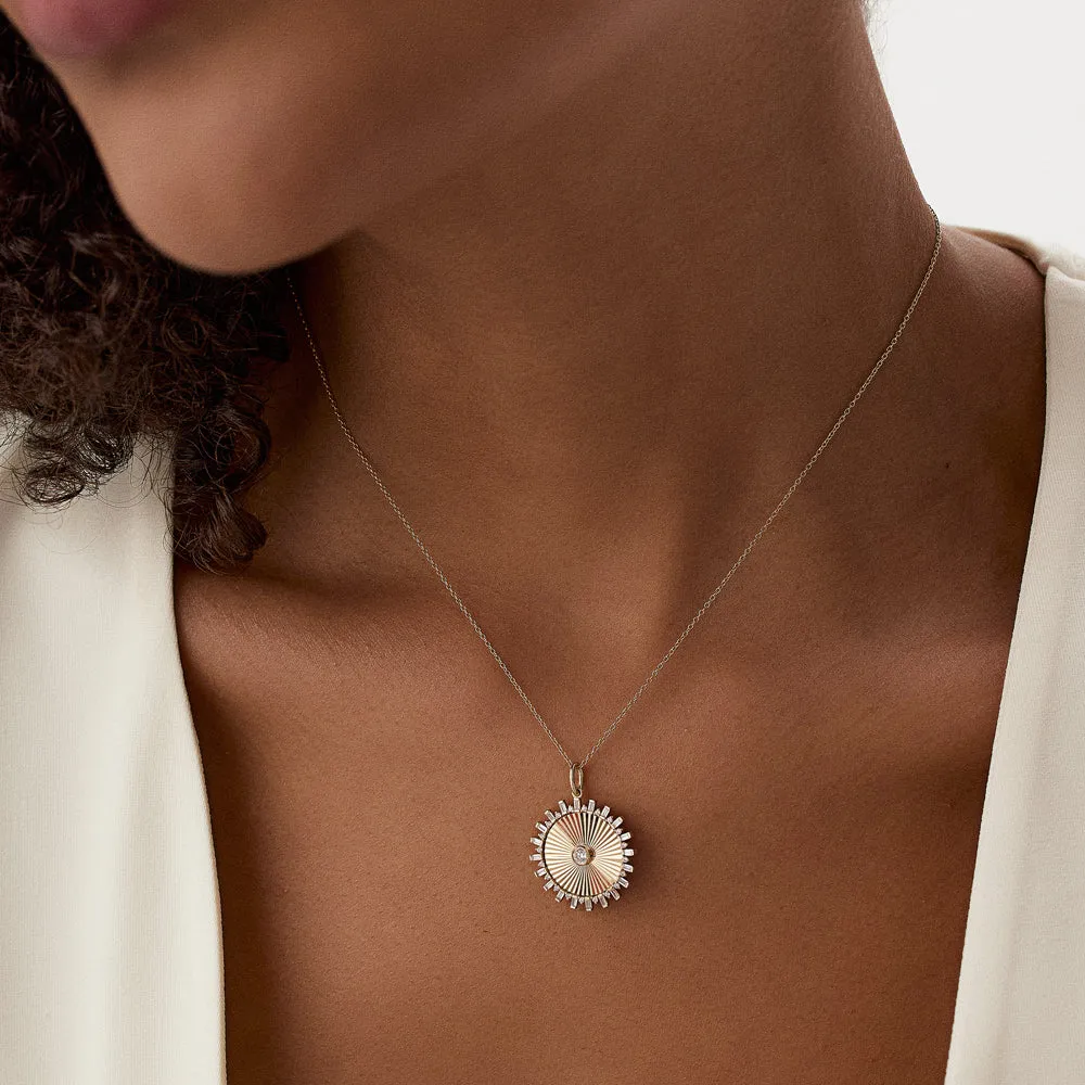 14k Baguette and Round Diamond Disc Ray Necklace