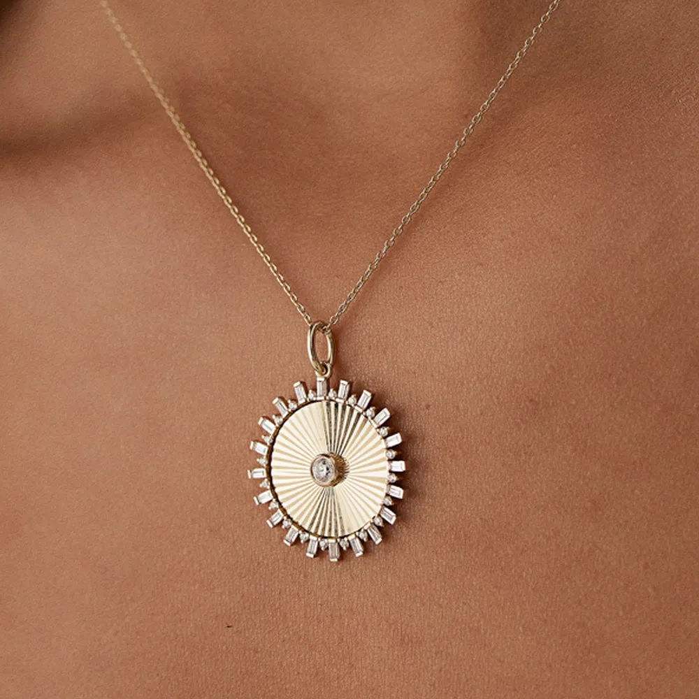 14k Baguette and Round Diamond Disc Ray Necklace