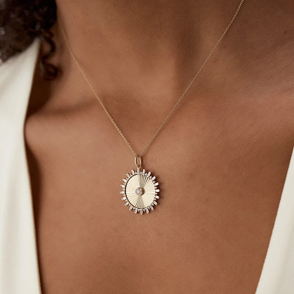 14k Baguette and Round Diamond Disc Ray Necklace