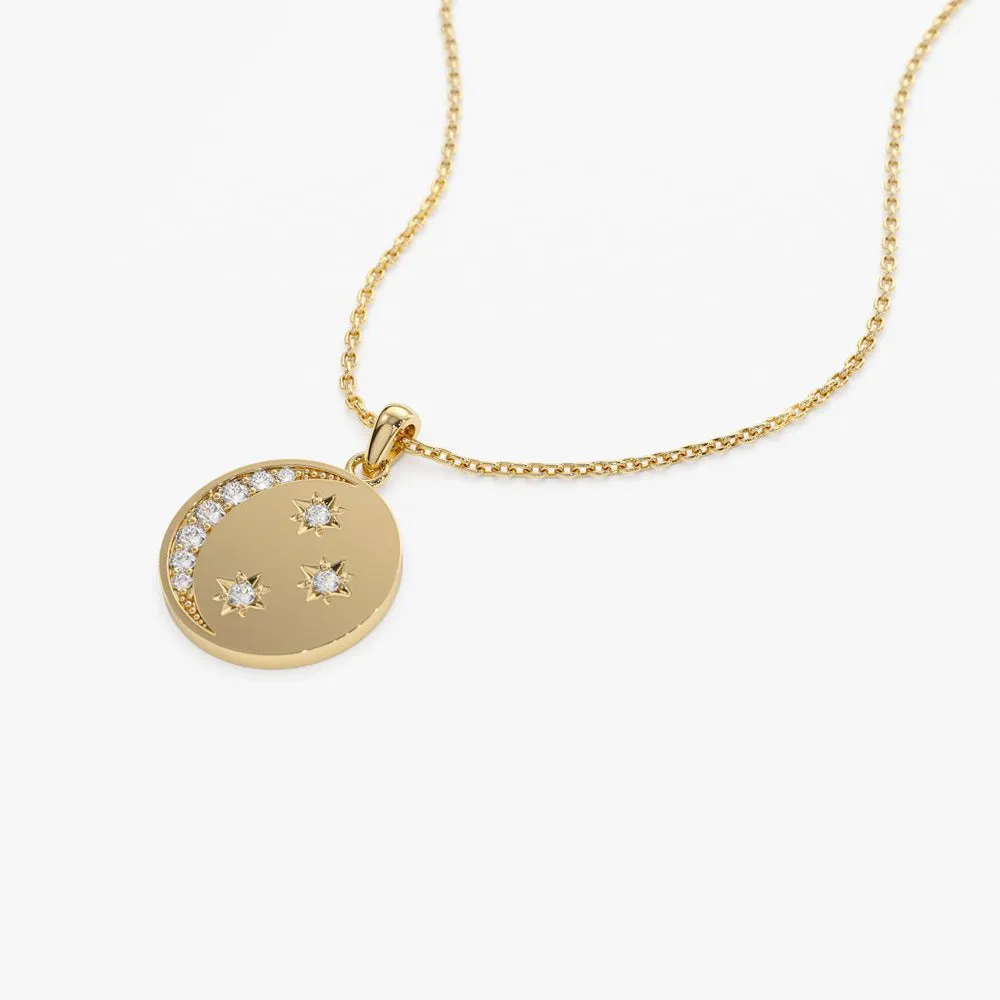14k Diamond Moon and Crescent Pendant