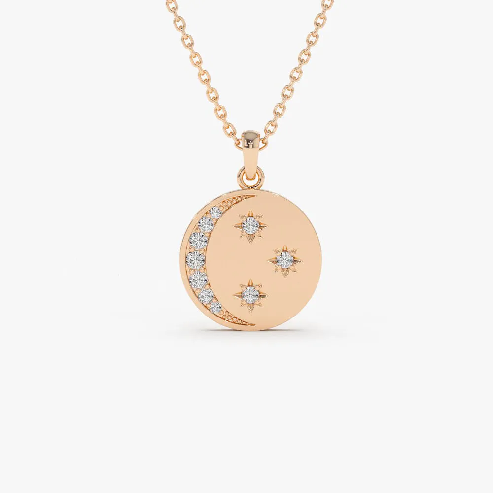 14k Diamond Moon and Crescent Pendant