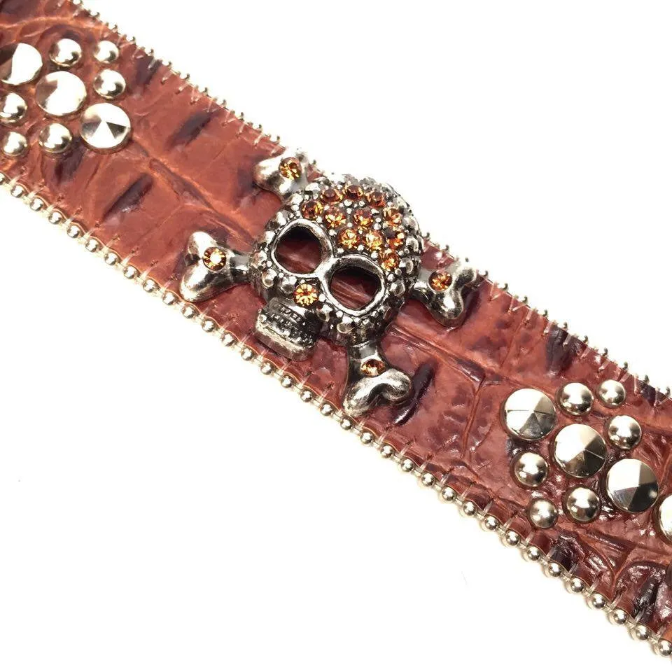 b.b. Simon Brown Skull Croco Crystal Belt