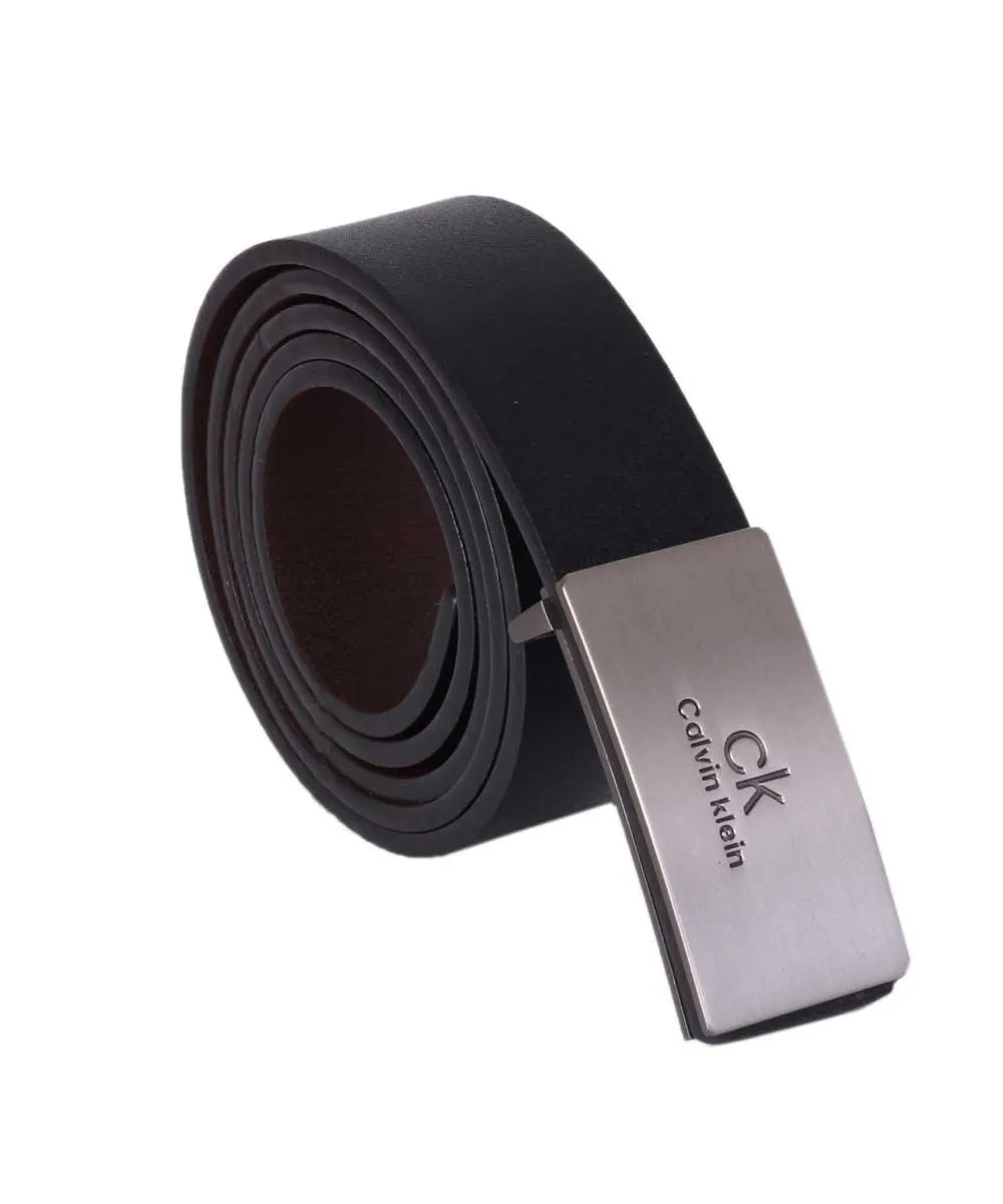 Calvin Klein silver Plaque With BlacK Leather Belt