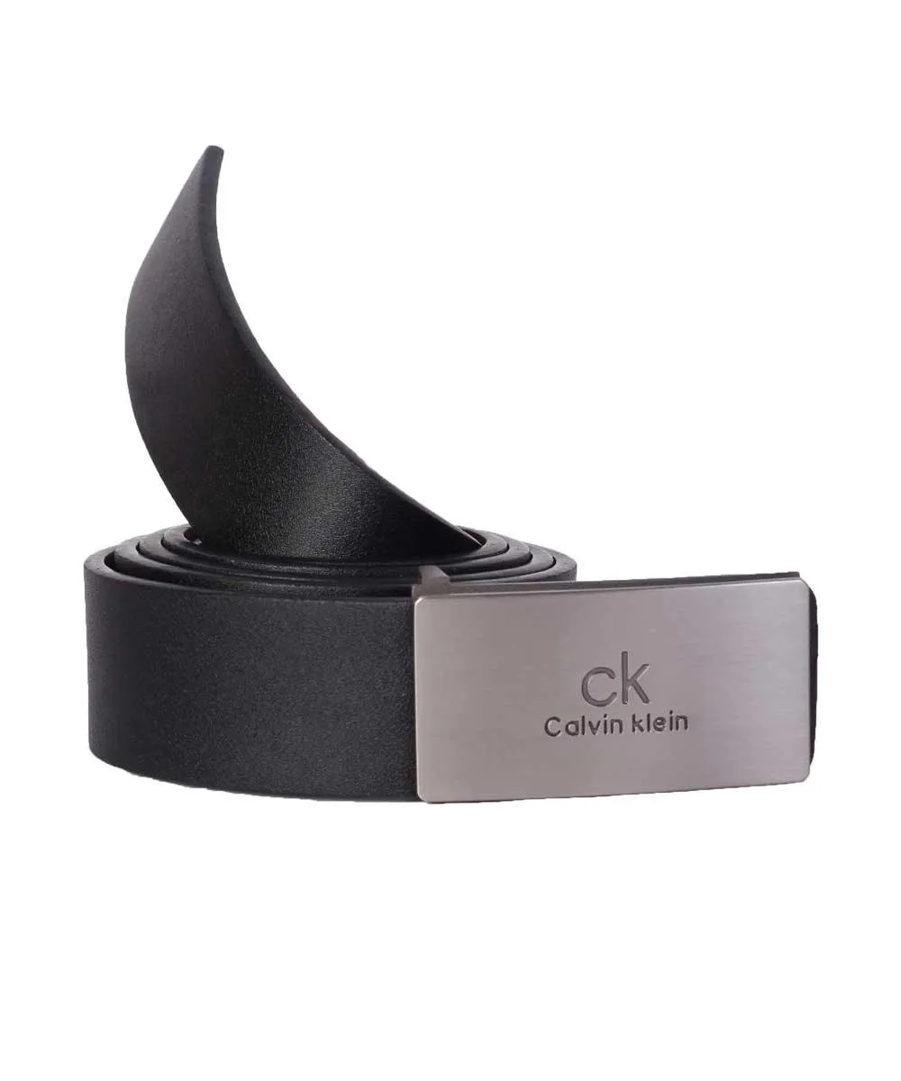 Calvin Klein silver Plaque With BlacK Leather Belt