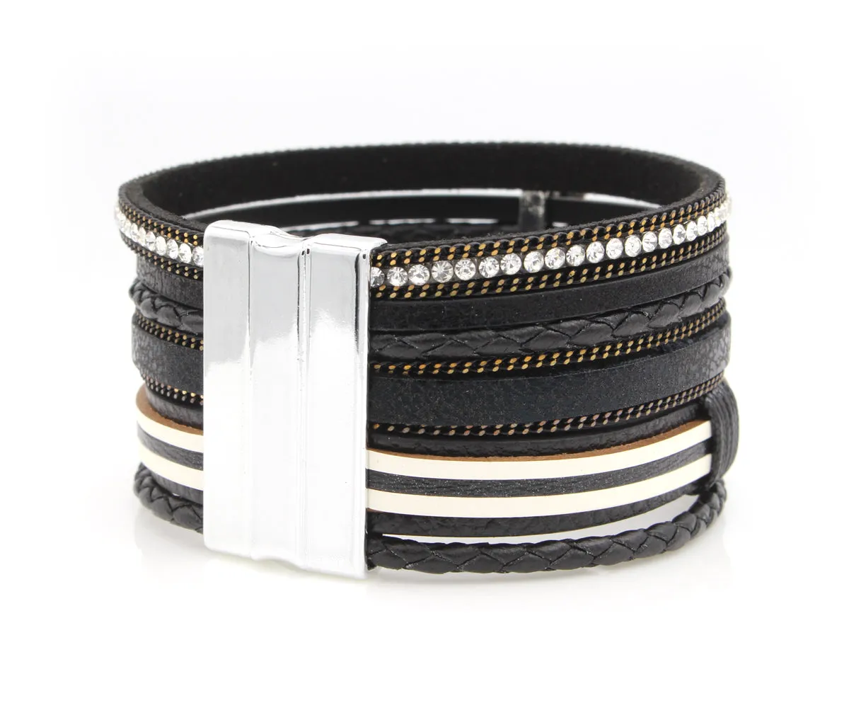 Chevron Arrow Multirow Black Leather Bracelet