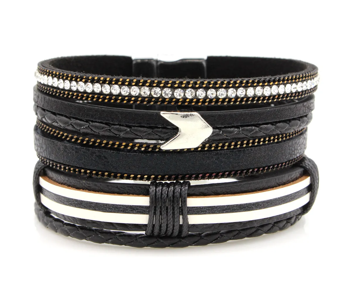 Chevron Arrow Multirow Black Leather Bracelet