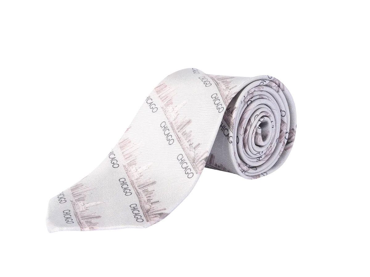 CHICAGO Skyline 100% Silk Men Tie in Gray Beige
