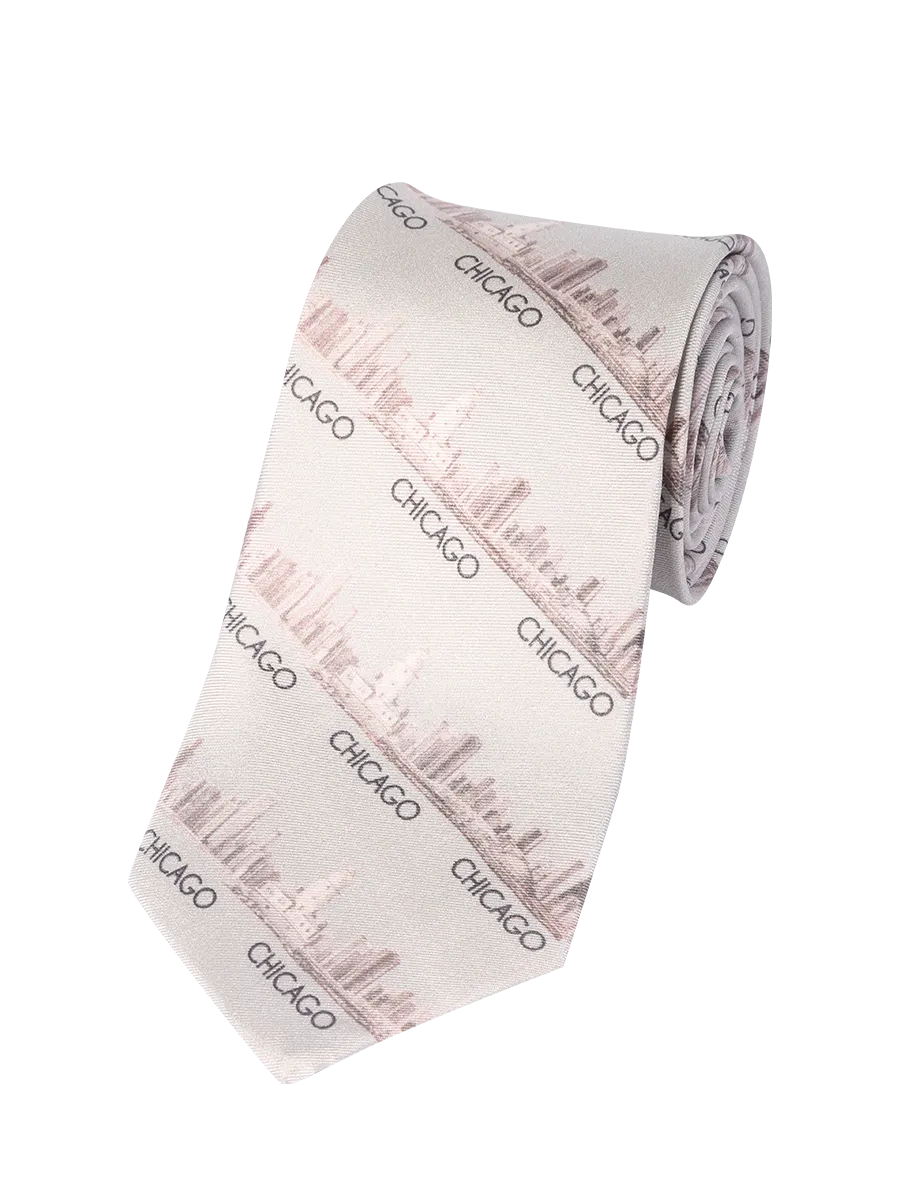CHICAGO Skyline 100% Silk Men Tie in Gray Beige
