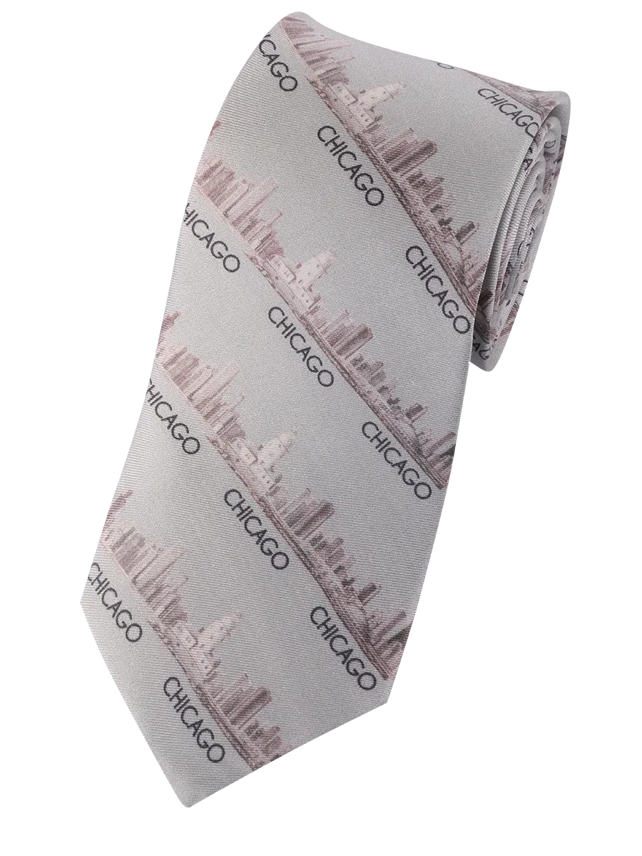 CHICAGO Skyline 100% Silk Men Tie in Gray Beige