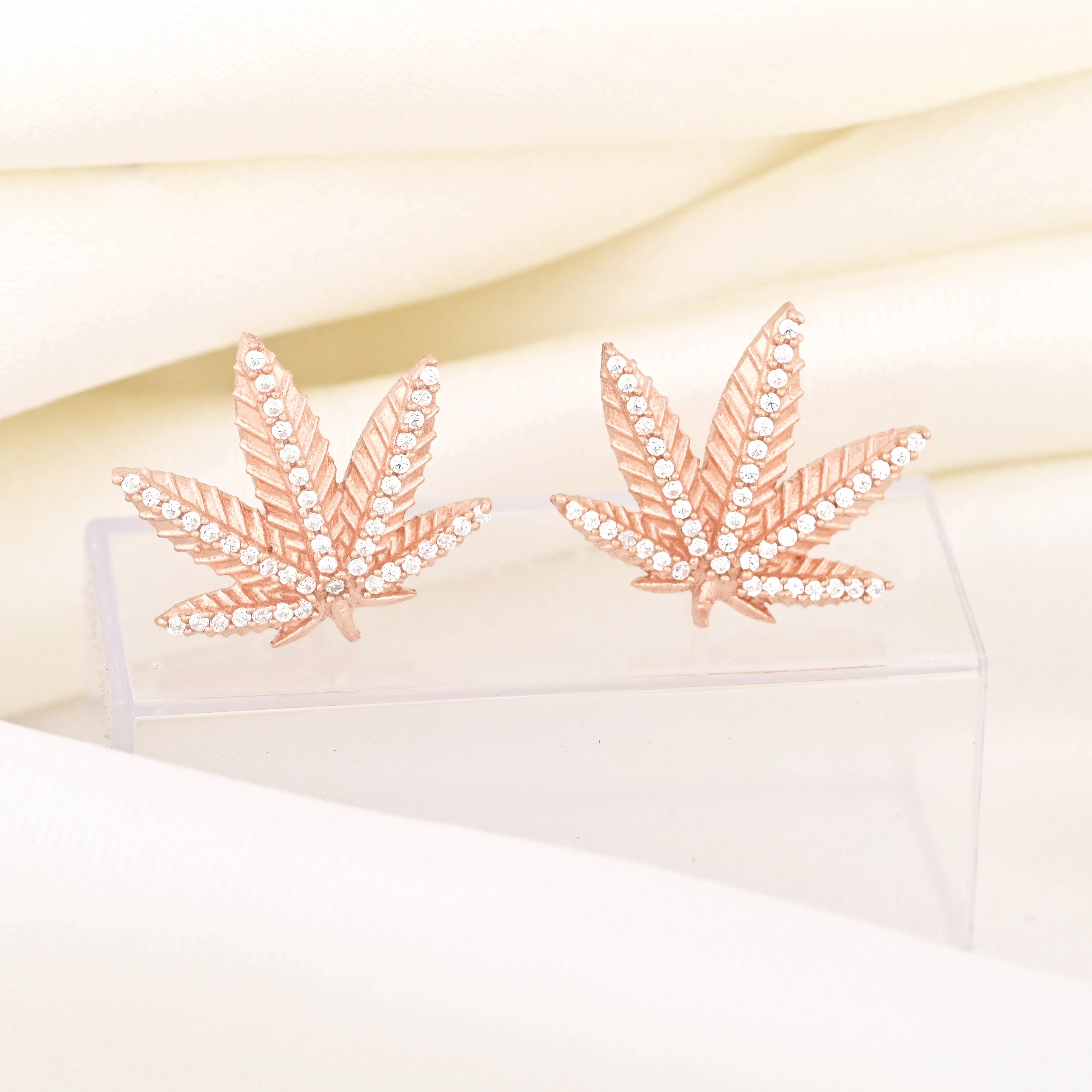 Diamond and 18K Gold Plated Marijuana Pot Leaf Stud Earrings