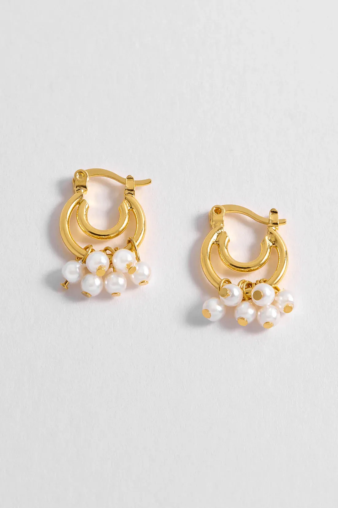 Double Hoop Drop Pearl Earrings - Gold Plated