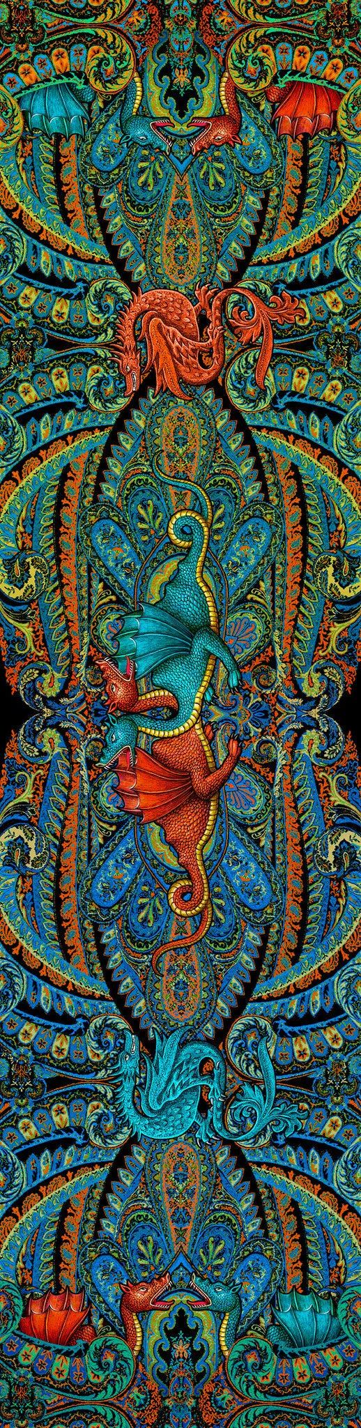 Dragons Dancing, silk velvet scarf. FOREST GREEN back.