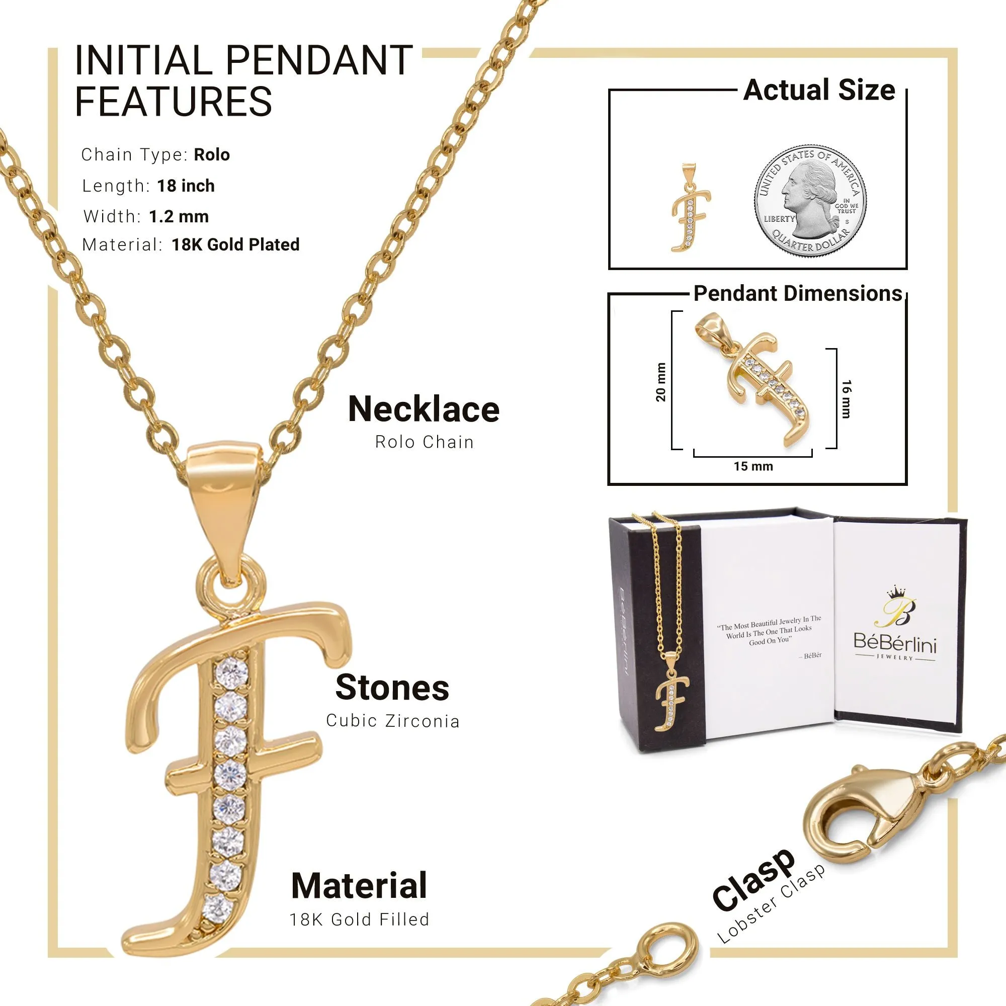 Initial A-Z Letter CZ Pendant 18K Gold Filled Rolo Necklace Women Fashion Jewelry 18"