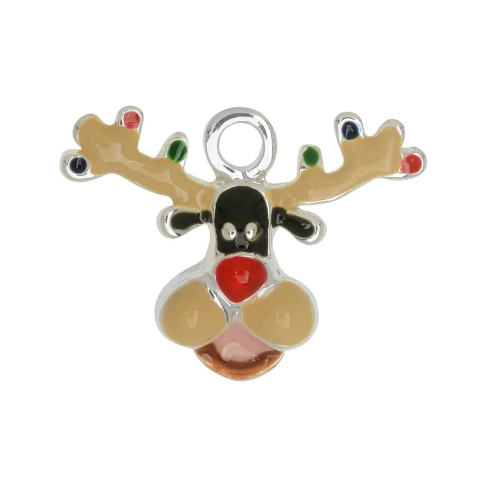 Jewelry Charm, Reindeer with Christmas Lights, 15mm, Silver Plated / Black (1 Piece)