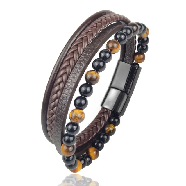 Multi-Layered Men Black Leather Beaded Bracelet