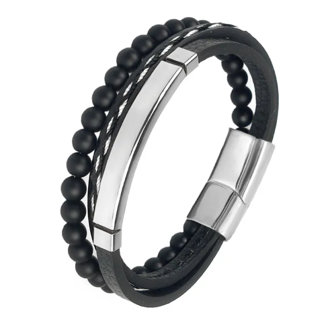 Multi-Layered Men Black Leather Beaded Bracelet