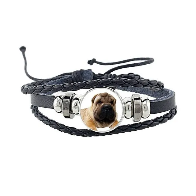 Rottweiler Glass Cabochon Bracelet, Sheltie, Shar Pei Dog, Multilayer Leather Bracelet, Fashion Accessories, Jewelry